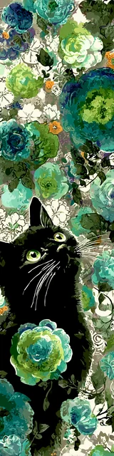 Cat bookmarks featuring green flowers and a black cat